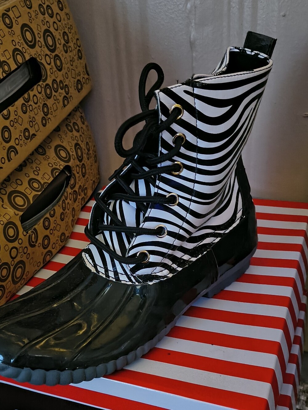 Black & White Zebra High-Top Lace-Up Women's  Rain Boots
